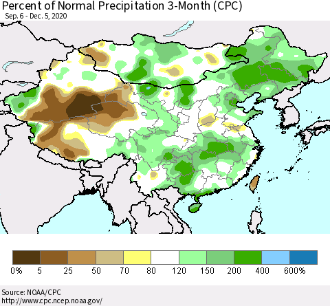 China, Mongolia and Taiwan Percent of Normal Precipitation 3-Month (CPC) Thematic Map For 9/6/2020 - 12/5/2020