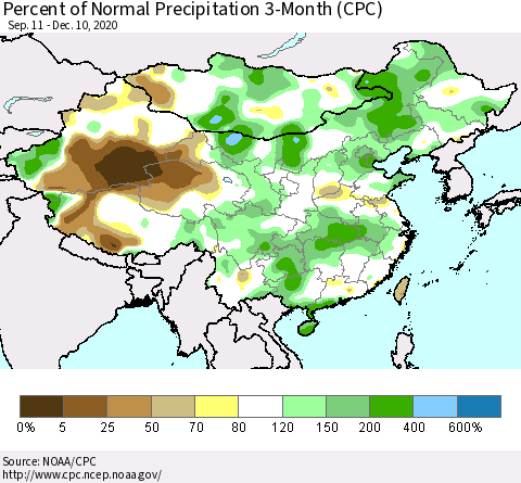 China, Mongolia and Taiwan Percent of Normal Precipitation 3-Month (CPC) Thematic Map For 9/11/2020 - 12/10/2020