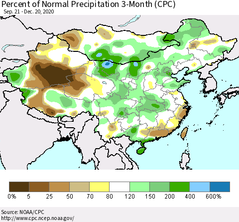China, Mongolia and Taiwan Percent of Normal Precipitation 3-Month (CPC) Thematic Map For 9/21/2020 - 12/20/2020