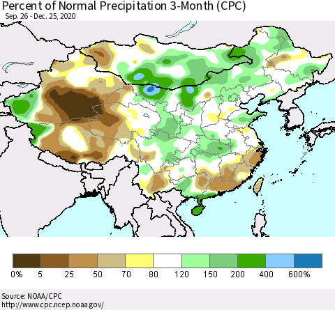 China, Mongolia and Taiwan Percent of Normal Precipitation 3-Month (CPC) Thematic Map For 9/26/2020 - 12/25/2020