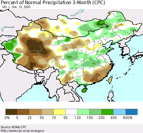 China, Mongolia and Taiwan Percent of Normal Precipitation 3-Month (CPC) Thematic Map For 10/1/2020 - 12/31/2020