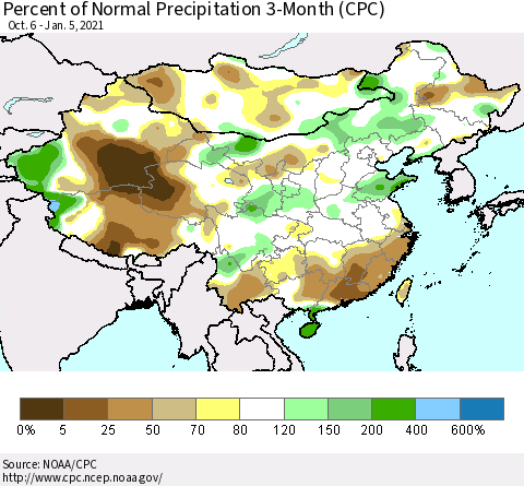 China, Mongolia and Taiwan Percent of Normal Precipitation 3-Month (CPC) Thematic Map For 10/6/2020 - 1/5/2021