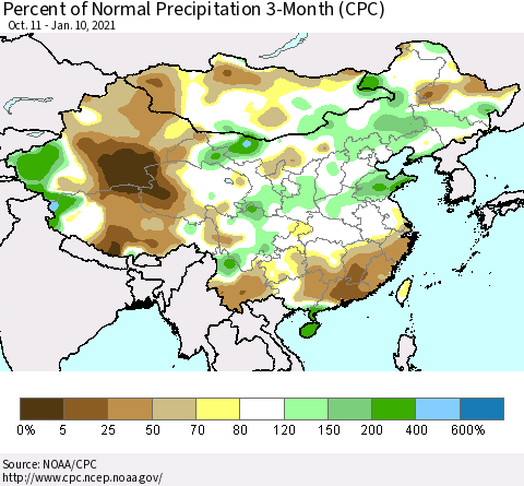 China, Mongolia and Taiwan Percent of Normal Precipitation 3-Month (CPC) Thematic Map For 10/11/2020 - 1/10/2021