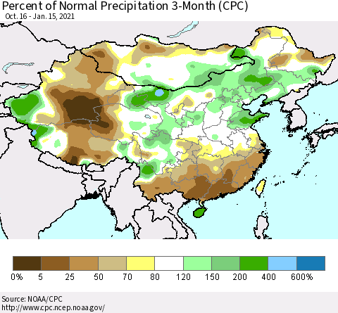 China, Mongolia and Taiwan Percent of Normal Precipitation 3-Month (CPC) Thematic Map For 10/16/2020 - 1/15/2021