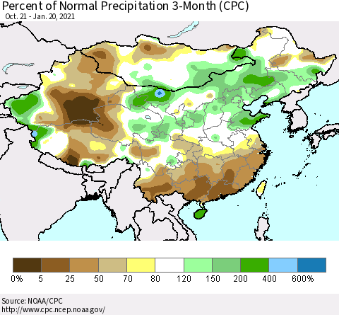 China, Mongolia and Taiwan Percent of Normal Precipitation 3-Month (CPC) Thematic Map For 10/21/2020 - 1/20/2021