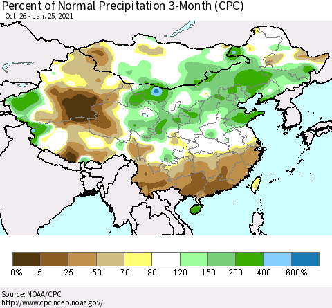 China, Mongolia and Taiwan Percent of Normal Precipitation 3-Month (CPC) Thematic Map For 10/26/2020 - 1/25/2021