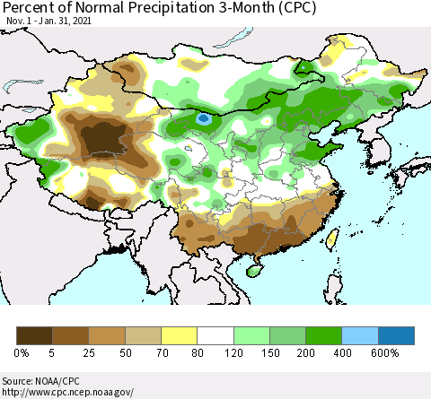 China, Mongolia and Taiwan Percent of Normal Precipitation 3-Month (CPC) Thematic Map For 11/1/2020 - 1/31/2021
