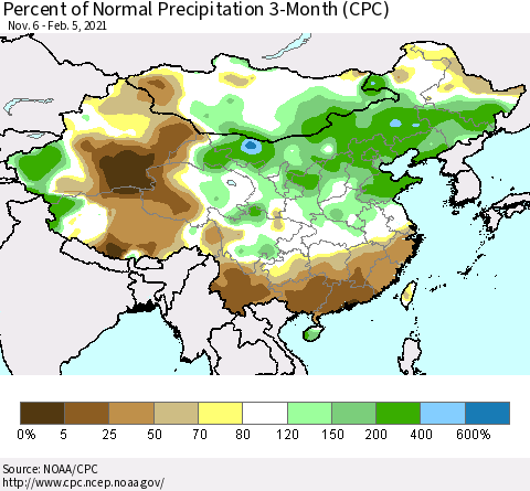 China, Mongolia and Taiwan Percent of Normal Precipitation 3-Month (CPC) Thematic Map For 11/6/2020 - 2/5/2021