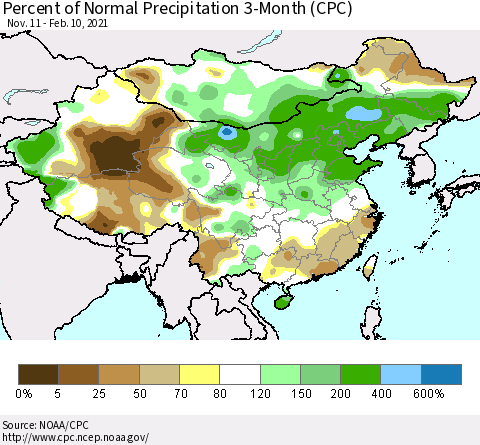 China, Mongolia and Taiwan Percent of Normal Precipitation 3-Month (CPC) Thematic Map For 11/11/2020 - 2/10/2021