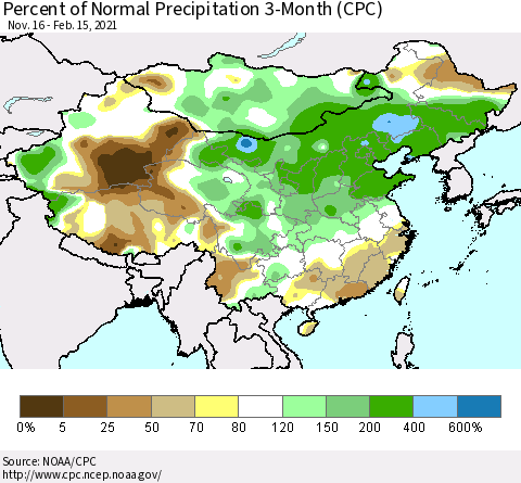 China, Mongolia and Taiwan Percent of Normal Precipitation 3-Month (CPC) Thematic Map For 11/16/2020 - 2/15/2021