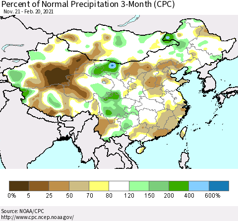 China, Mongolia and Taiwan Percent of Normal Precipitation 3-Month (CPC) Thematic Map For 11/21/2020 - 2/20/2021