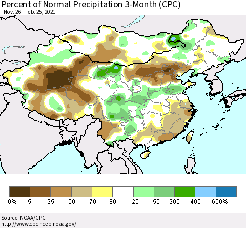 China, Mongolia and Taiwan Percent of Normal Precipitation 3-Month (CPC) Thematic Map For 11/26/2020 - 2/25/2021