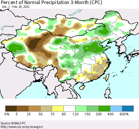China, Mongolia and Taiwan Percent of Normal Precipitation 3-Month (CPC) Thematic Map For 12/1/2020 - 2/28/2021
