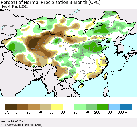 China, Mongolia and Taiwan Percent of Normal Precipitation 3-Month (CPC) Thematic Map For 12/6/2020 - 3/5/2021