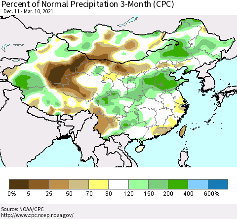 China, Mongolia and Taiwan Percent of Normal Precipitation 3-Month (CPC) Thematic Map For 12/11/2020 - 3/10/2021