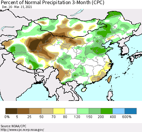 China, Mongolia and Taiwan Percent of Normal Precipitation 3-Month (CPC) Thematic Map For 12/16/2020 - 3/15/2021