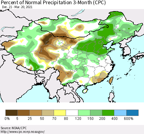 China, Mongolia and Taiwan Percent of Normal Precipitation 3-Month (CPC) Thematic Map For 12/21/2020 - 3/20/2021