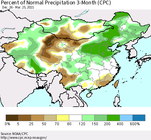 China, Mongolia and Taiwan Percent of Normal Precipitation 3-Month (CPC) Thematic Map For 12/26/2020 - 3/25/2021