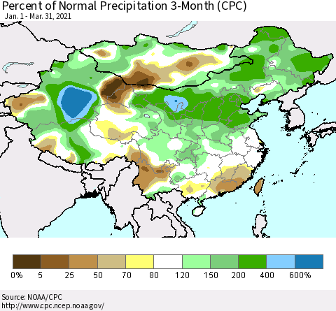 China, Mongolia and Taiwan Percent of Normal Precipitation 3-Month (CPC) Thematic Map For 1/1/2021 - 3/31/2021