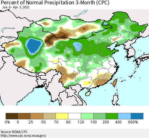 China, Mongolia and Taiwan Percent of Normal Precipitation 3-Month (CPC) Thematic Map For 1/6/2021 - 4/5/2021