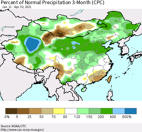 China, Mongolia and Taiwan Percent of Normal Precipitation 3-Month (CPC) Thematic Map For 1/11/2021 - 4/10/2021