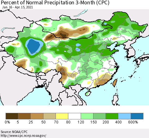 China, Mongolia and Taiwan Percent of Normal Precipitation 3-Month (CPC) Thematic Map For 1/16/2021 - 4/15/2021