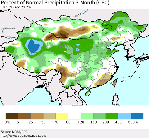 China, Mongolia and Taiwan Percent of Normal Precipitation 3-Month (CPC) Thematic Map For 1/21/2021 - 4/20/2021