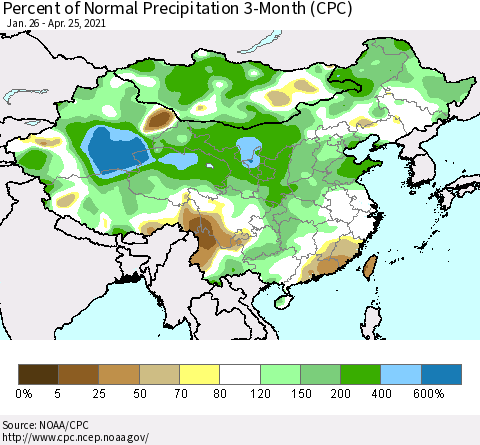 China, Mongolia and Taiwan Percent of Normal Precipitation 3-Month (CPC) Thematic Map For 1/26/2021 - 4/25/2021