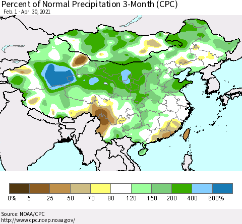 China, Mongolia and Taiwan Percent of Normal Precipitation 3-Month (CPC) Thematic Map For 2/1/2021 - 4/30/2021