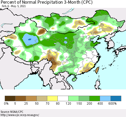 China, Mongolia and Taiwan Percent of Normal Precipitation 3-Month (CPC) Thematic Map For 2/6/2021 - 5/5/2021
