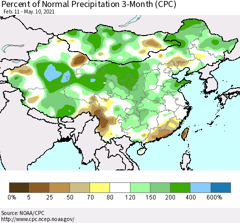 China, Mongolia and Taiwan Percent of Normal Precipitation 3-Month (CPC) Thematic Map For 2/11/2021 - 5/10/2021