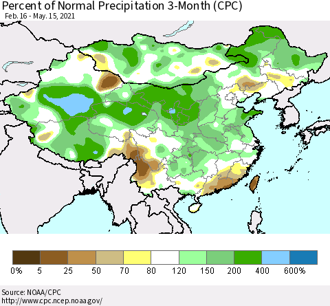 China, Mongolia and Taiwan Percent of Normal Precipitation 3-Month (CPC) Thematic Map For 2/16/2021 - 5/15/2021
