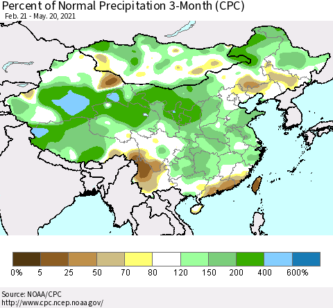 China, Mongolia and Taiwan Percent of Normal Precipitation 3-Month (CPC) Thematic Map For 2/21/2021 - 5/20/2021