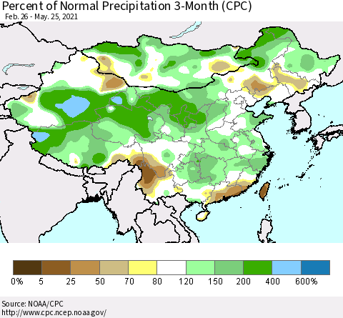 China, Mongolia and Taiwan Percent of Normal Precipitation 3-Month (CPC) Thematic Map For 2/26/2021 - 5/25/2021