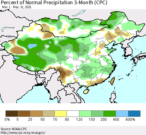 China, Mongolia and Taiwan Percent of Normal Precipitation 3-Month (CPC) Thematic Map For 3/1/2021 - 5/31/2021