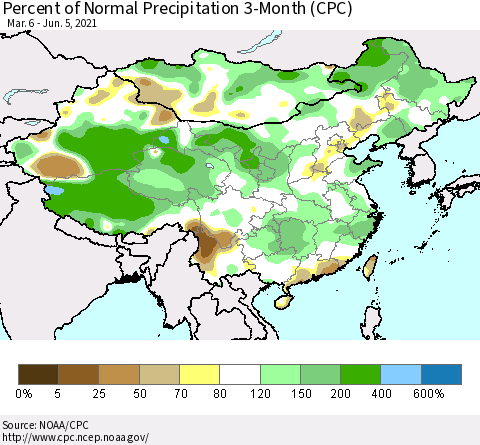 China, Mongolia and Taiwan Percent of Normal Precipitation 3-Month (CPC) Thematic Map For 3/6/2021 - 6/5/2021