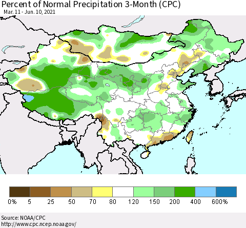 China, Mongolia and Taiwan Percent of Normal Precipitation 3-Month (CPC) Thematic Map For 3/11/2021 - 6/10/2021