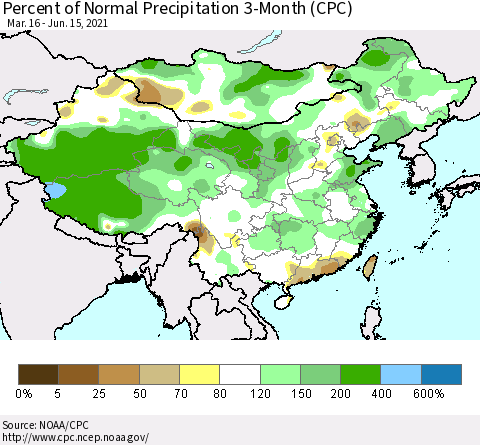 China, Mongolia and Taiwan Percent of Normal Precipitation 3-Month (CPC) Thematic Map For 3/16/2021 - 6/15/2021
