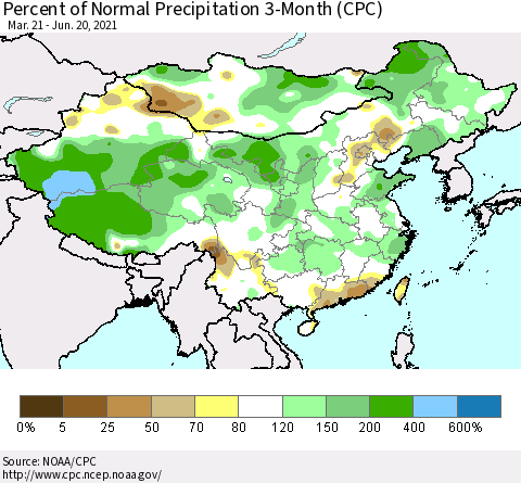 China, Mongolia and Taiwan Percent of Normal Precipitation 3-Month (CPC) Thematic Map For 3/21/2021 - 6/20/2021