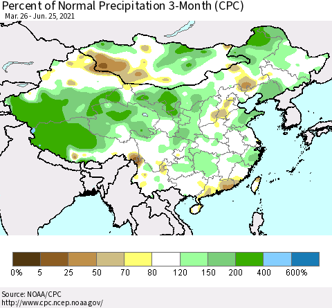 China, Mongolia and Taiwan Percent of Normal Precipitation 3-Month (CPC) Thematic Map For 3/26/2021 - 6/25/2021