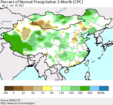 China, Mongolia and Taiwan Percent of Normal Precipitation 3-Month (CPC) Thematic Map For 4/1/2021 - 6/30/2021