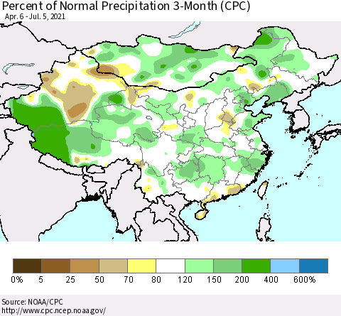China, Mongolia and Taiwan Percent of Normal Precipitation 3-Month (CPC) Thematic Map For 4/6/2021 - 7/5/2021