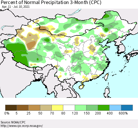China, Mongolia and Taiwan Percent of Normal Precipitation 3-Month (CPC) Thematic Map For 4/11/2021 - 7/10/2021