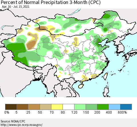 China, Mongolia and Taiwan Percent of Normal Precipitation 3-Month (CPC) Thematic Map For 4/16/2021 - 7/15/2021