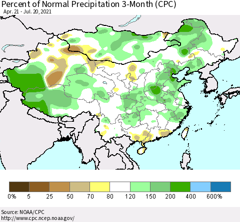 China, Mongolia and Taiwan Percent of Normal Precipitation 3-Month (CPC) Thematic Map For 4/21/2021 - 7/20/2021