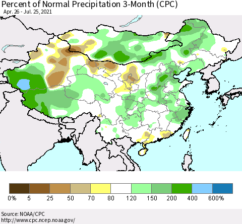 China, Mongolia and Taiwan Percent of Normal Precipitation 3-Month (CPC) Thematic Map For 4/26/2021 - 7/25/2021
