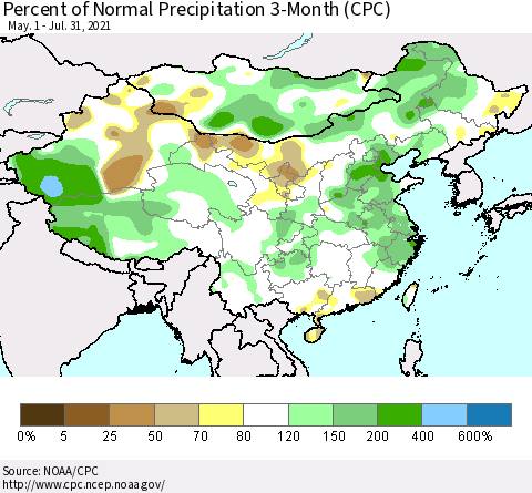 China, Mongolia and Taiwan Percent of Normal Precipitation 3-Month (CPC) Thematic Map For 5/1/2021 - 7/31/2021