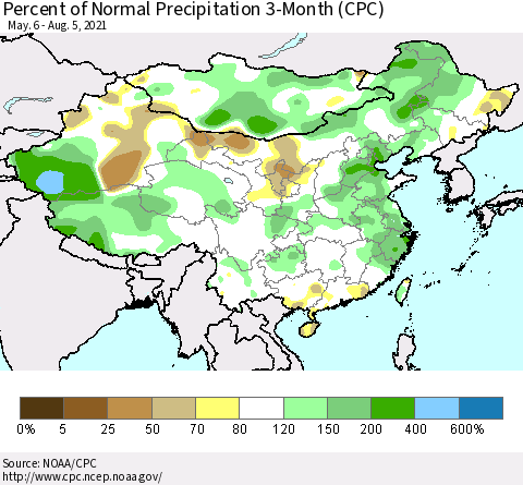China, Mongolia and Taiwan Percent of Normal Precipitation 3-Month (CPC) Thematic Map For 5/6/2021 - 8/5/2021