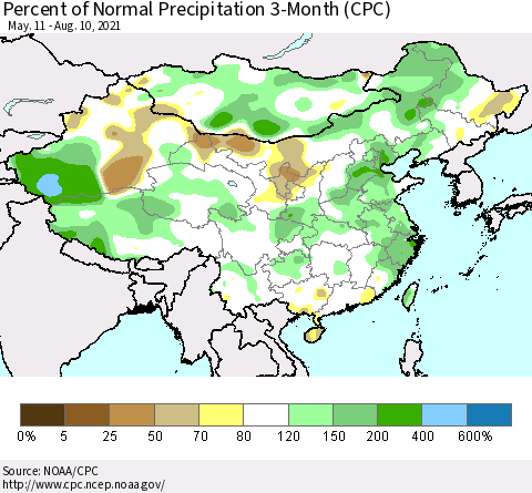 China, Mongolia and Taiwan Percent of Normal Precipitation 3-Month (CPC) Thematic Map For 5/11/2021 - 8/10/2021