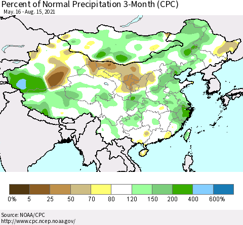 China, Mongolia and Taiwan Percent of Normal Precipitation 3-Month (CPC) Thematic Map For 5/16/2021 - 8/15/2021